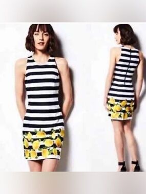 Milly Black & White Striped Mini Dress with Yellow Lemon Print
